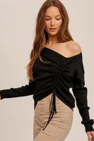 RUCHED DRAWSTRING DETAILED SWEATER (BLACK)